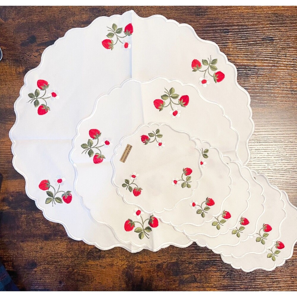 Vintage Swiss Embroidered Strawberry Cotton Doily Napkin Placemat Set Scalloped